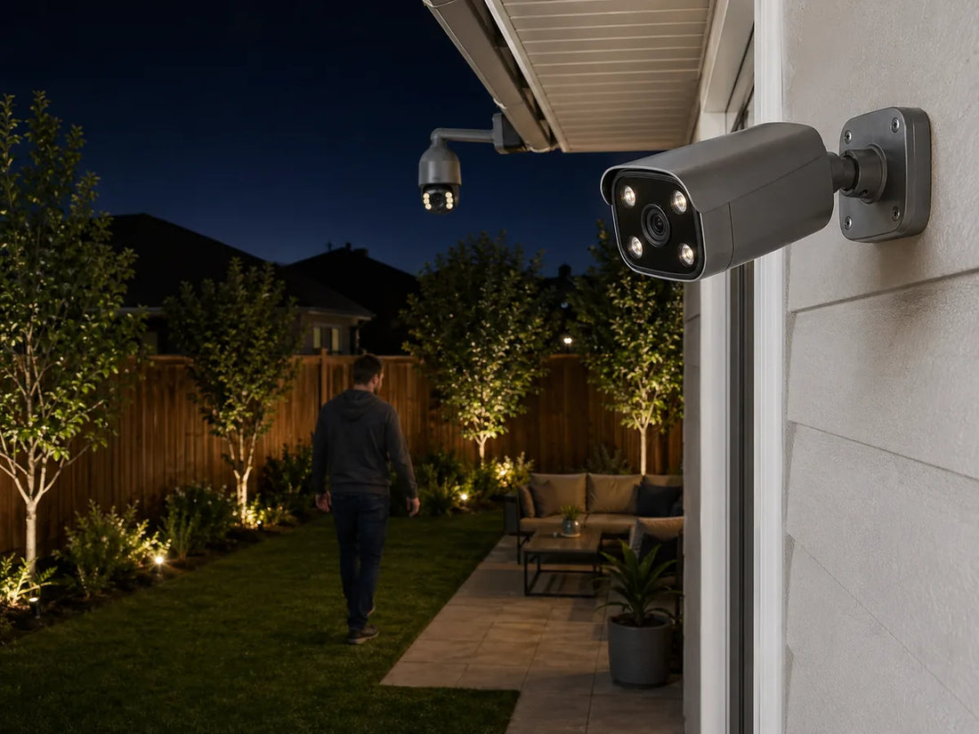 QuarkView full color night vision security camera monitoring a backyard surveillance scene