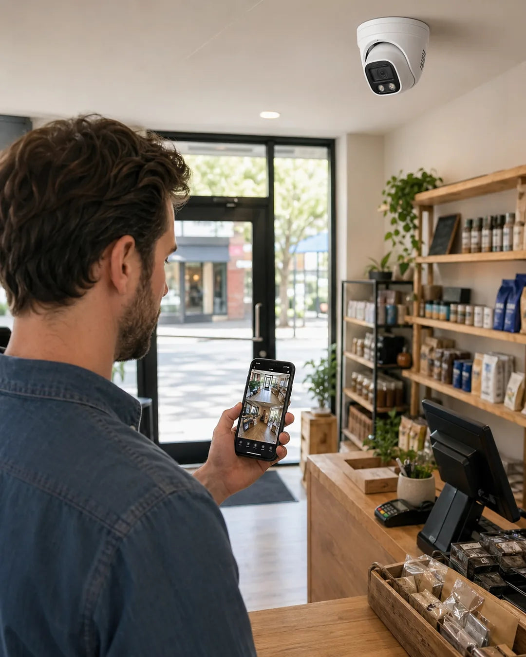 Small business owner checking live security camera views