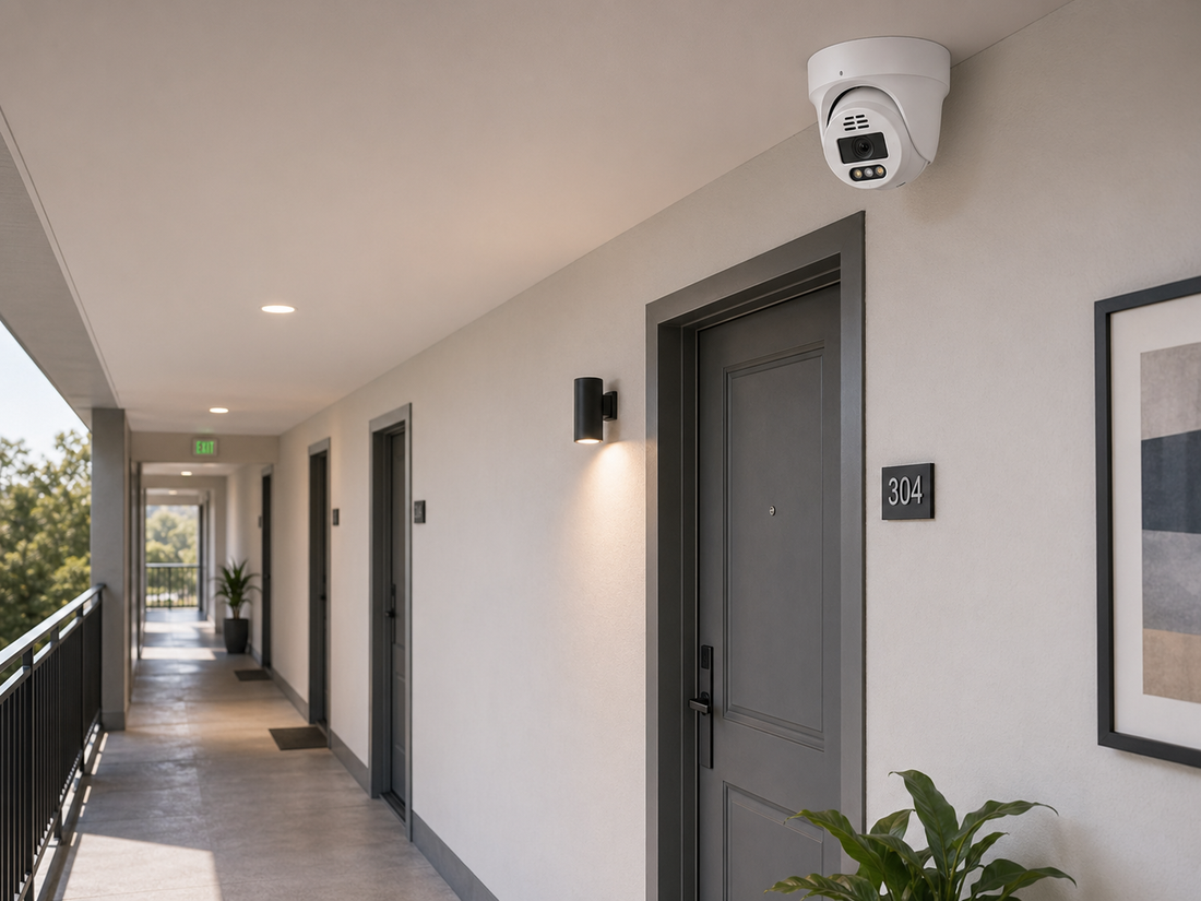 QuarkView apartment surveillance system with security cameras covering corridors and entrances
