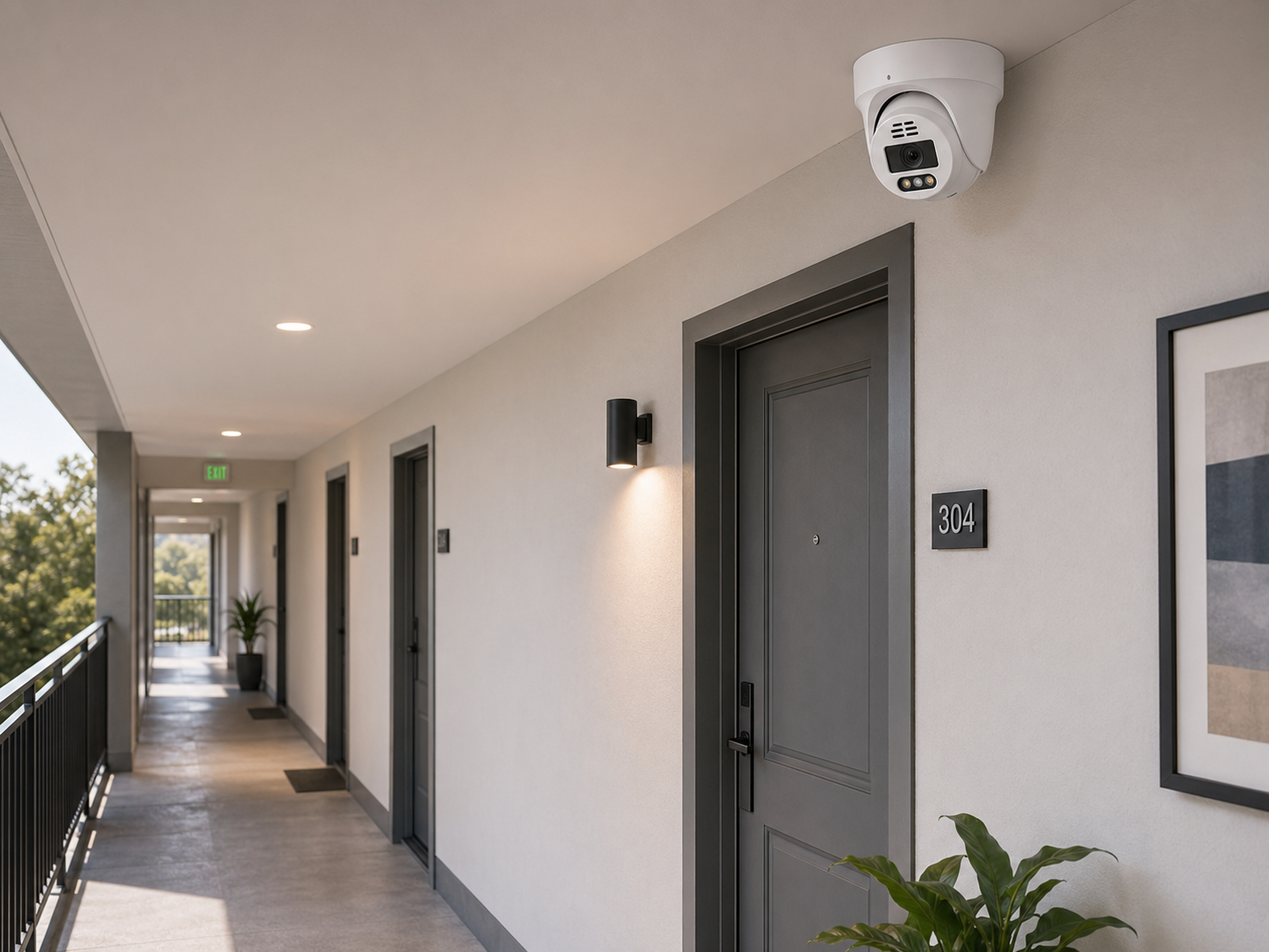 QuarkView apartment surveillance system with security cameras covering corridors and entrances