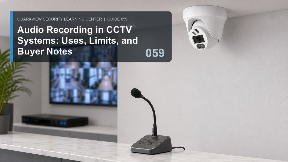 QuarkView CCTV audio recording education scene with turret camera microphone and NVR monitor