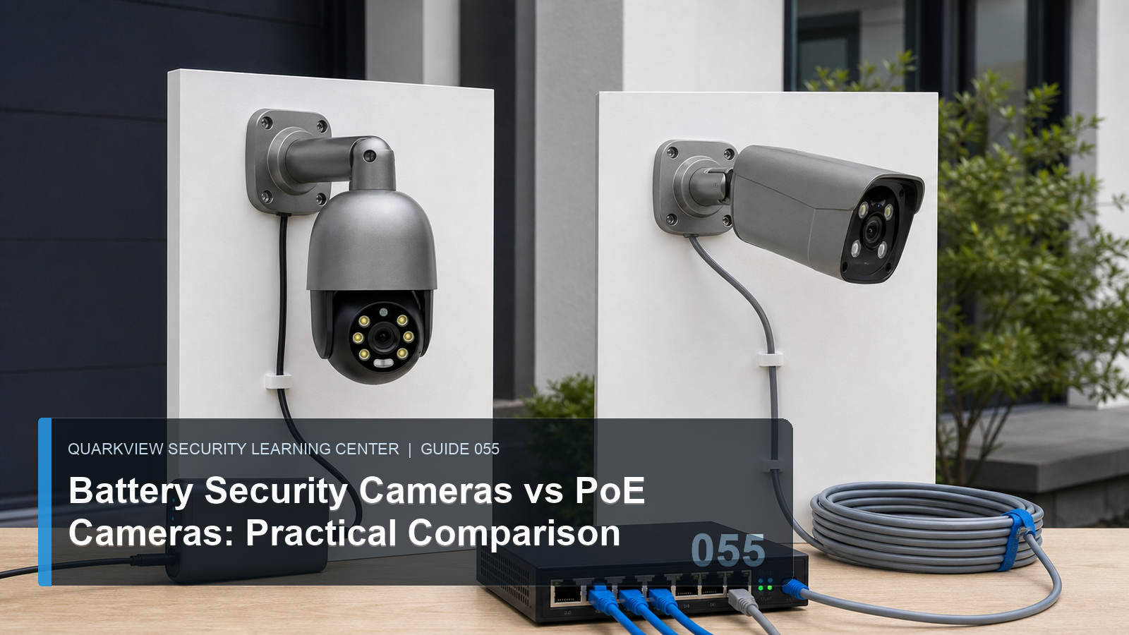 QuarkView battery security camera versus PoE camera comparison with switch cable and charging setup