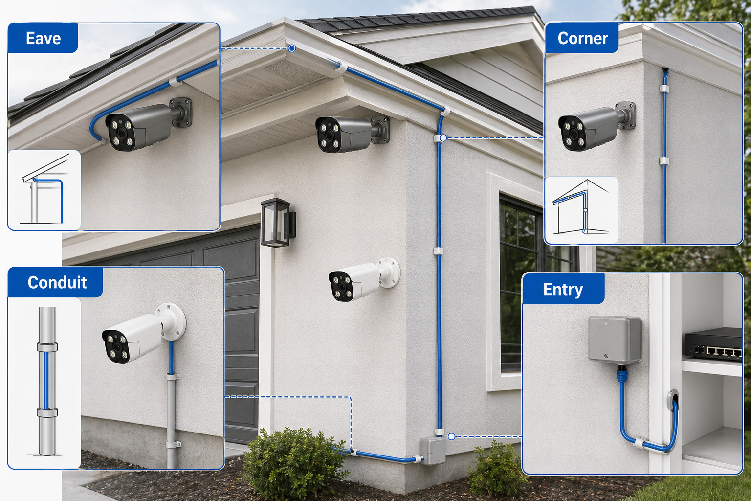 QuarkView CCTV cabling guide for Ethernet and power routing in security camera installation