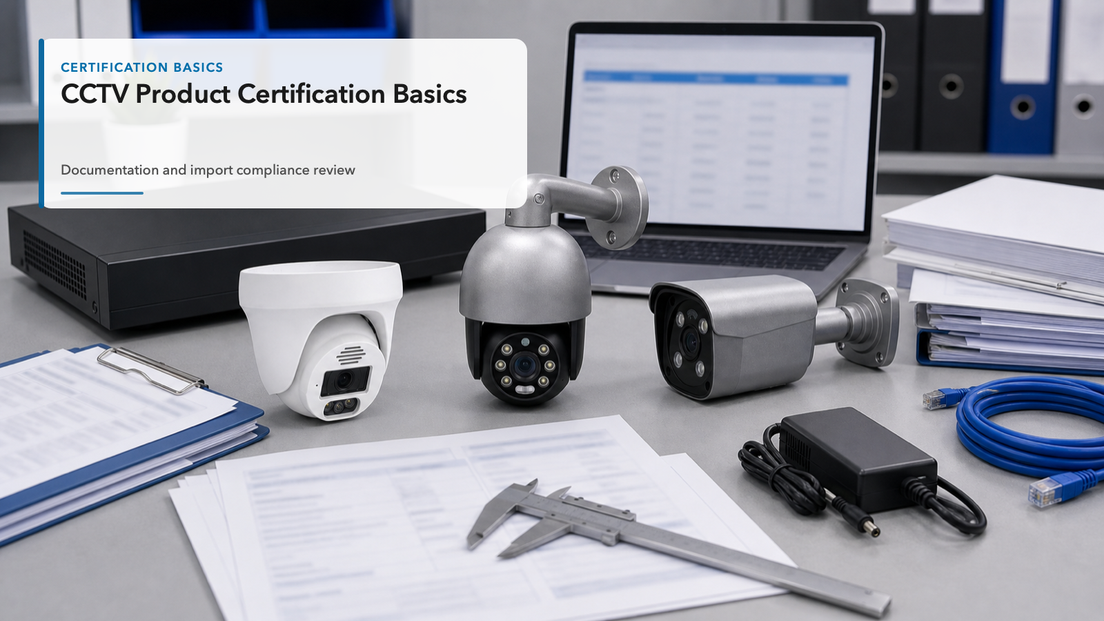 QuarkView CCTV certification and compliance review workspace with camera samples and documents