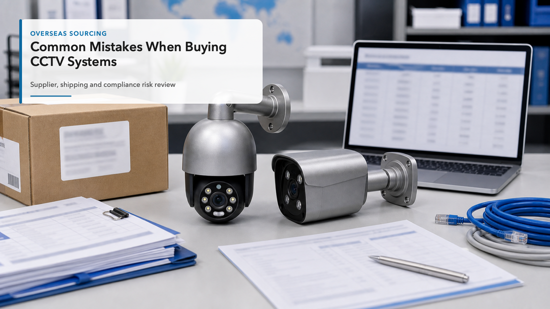 QuarkView overseas CCTV system procurement review desk with documents cartons and camera samples