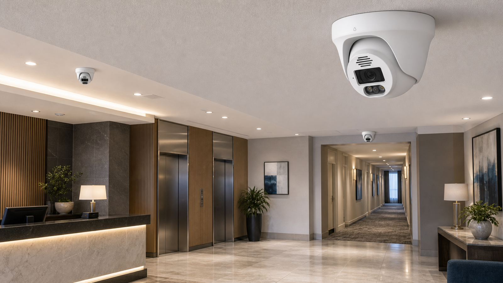 QuarkView hotel surveillance cameras covering lobby and corridor areas for guest safety