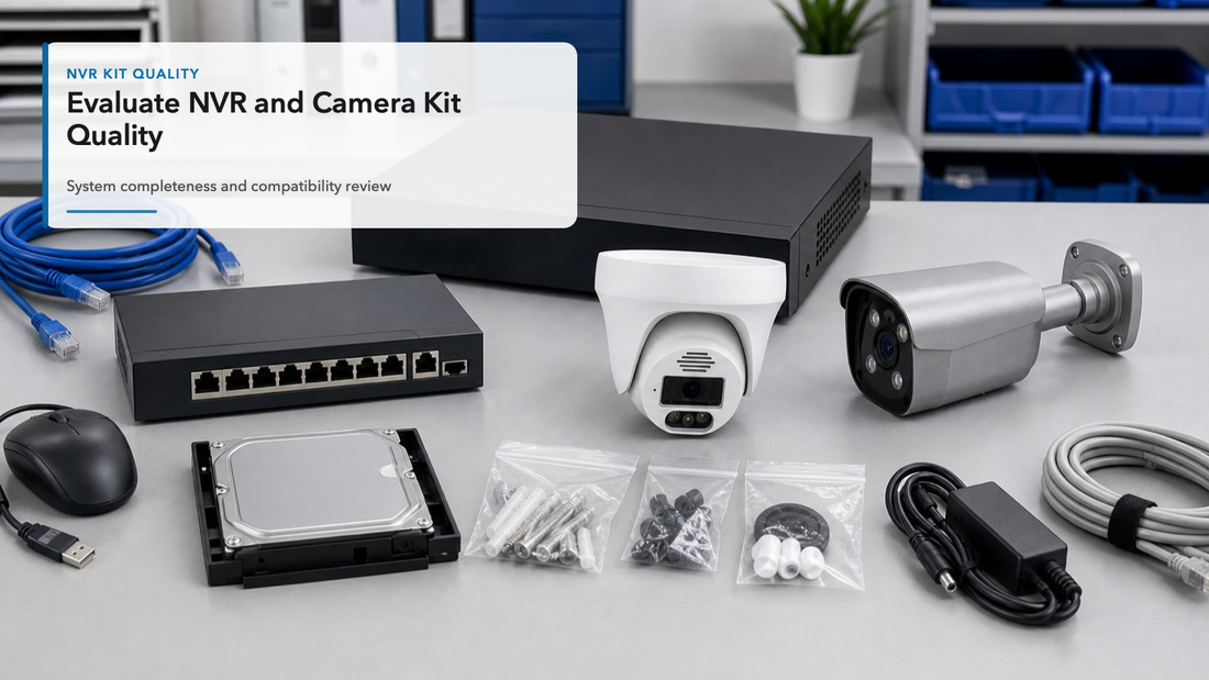 QuarkView NVR camera kit quality evaluation workbench with recorder cables and camera samples