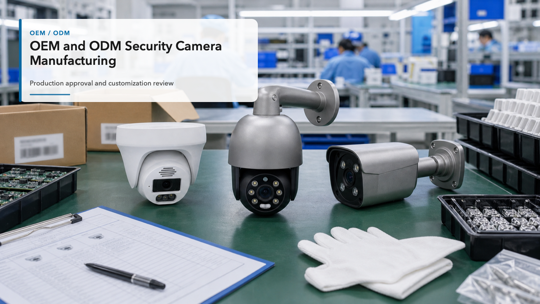 QuarkView OEM and ODM security camera manufacturing review table with camera samples