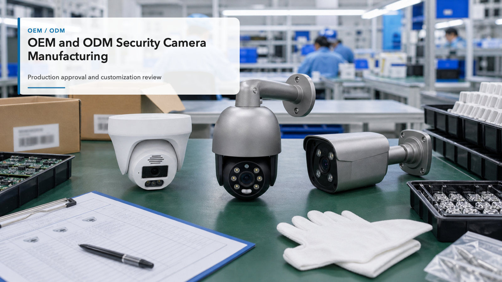 QuarkView OEM and ODM security camera manufacturing review table with camera samples