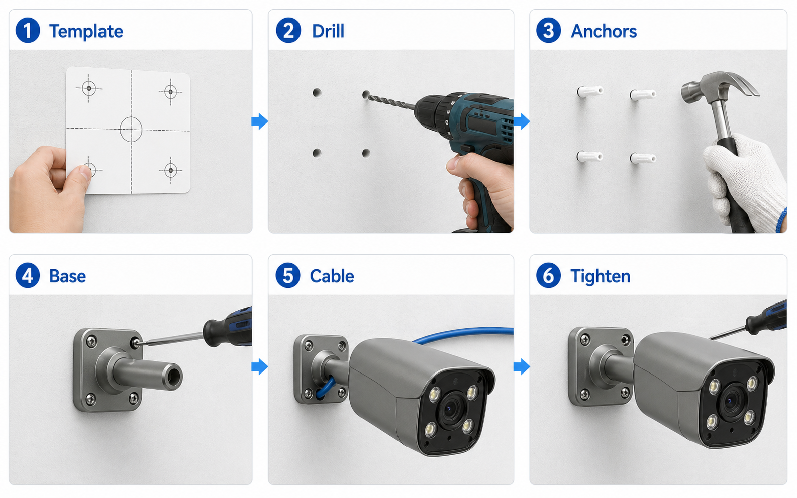QuarkView outdoor bullet security camera installation steps for wall mounting and cabling