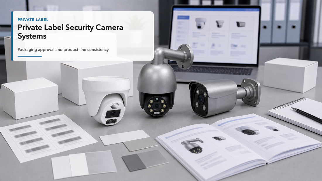 QuarkView private label security camera system planning table with blank packaging and camera samples