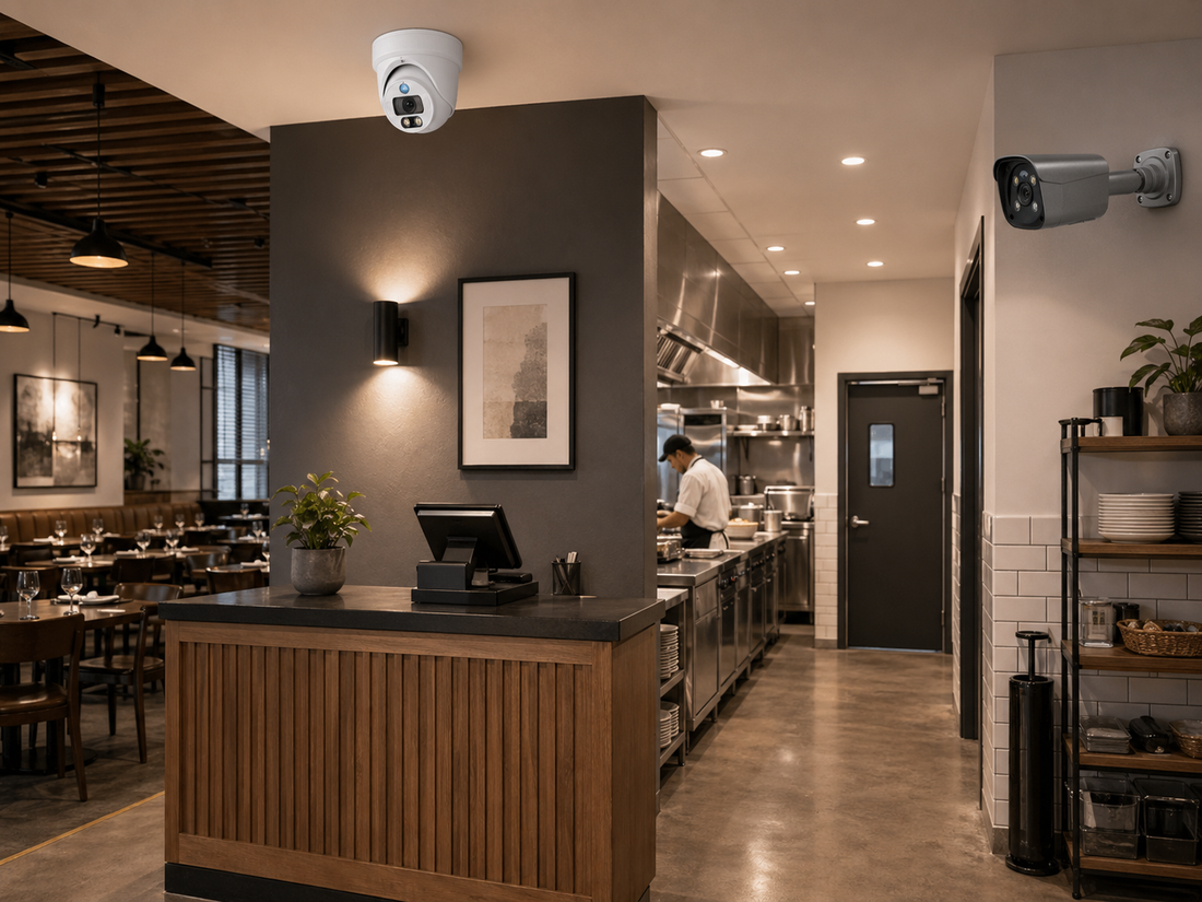 QuarkView restaurant CCTV surveillance with security cameras for front desk and kitchen entry
