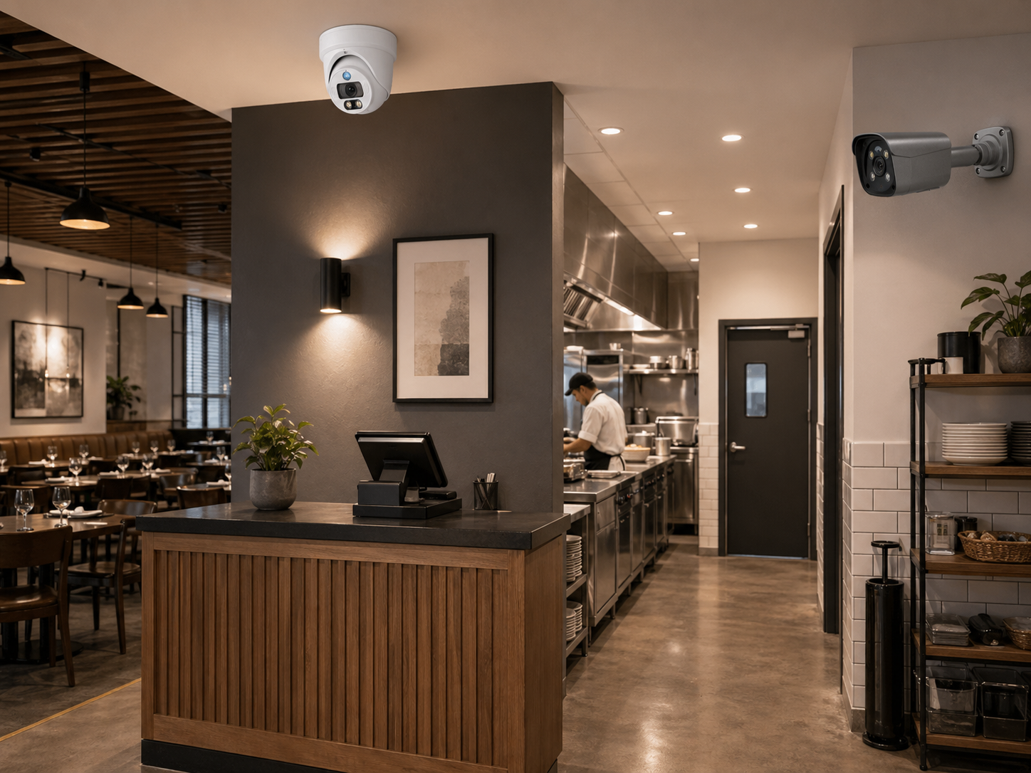 QuarkView restaurant CCTV surveillance with security cameras for front desk and kitchen entry