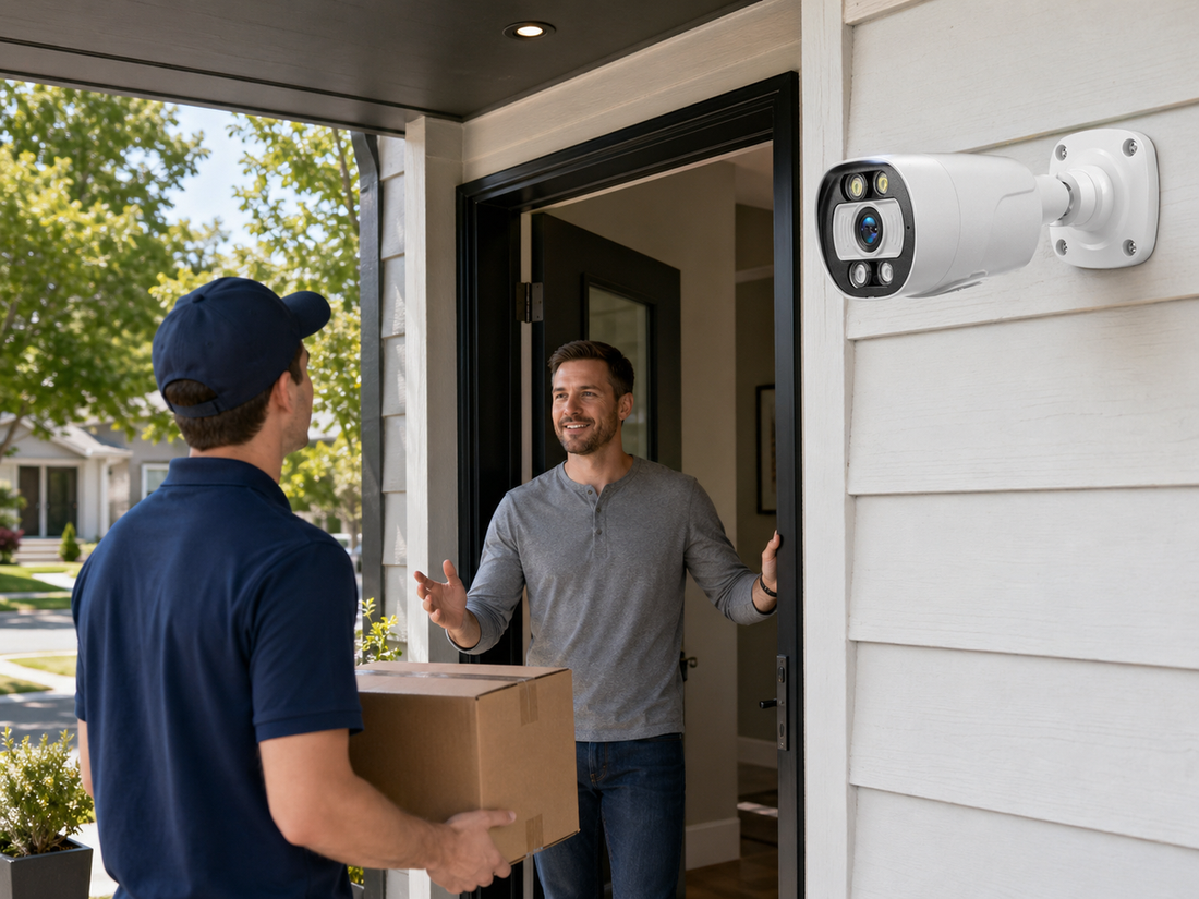 QuarkView two-way audio security camera at a front door for home surveillance communication