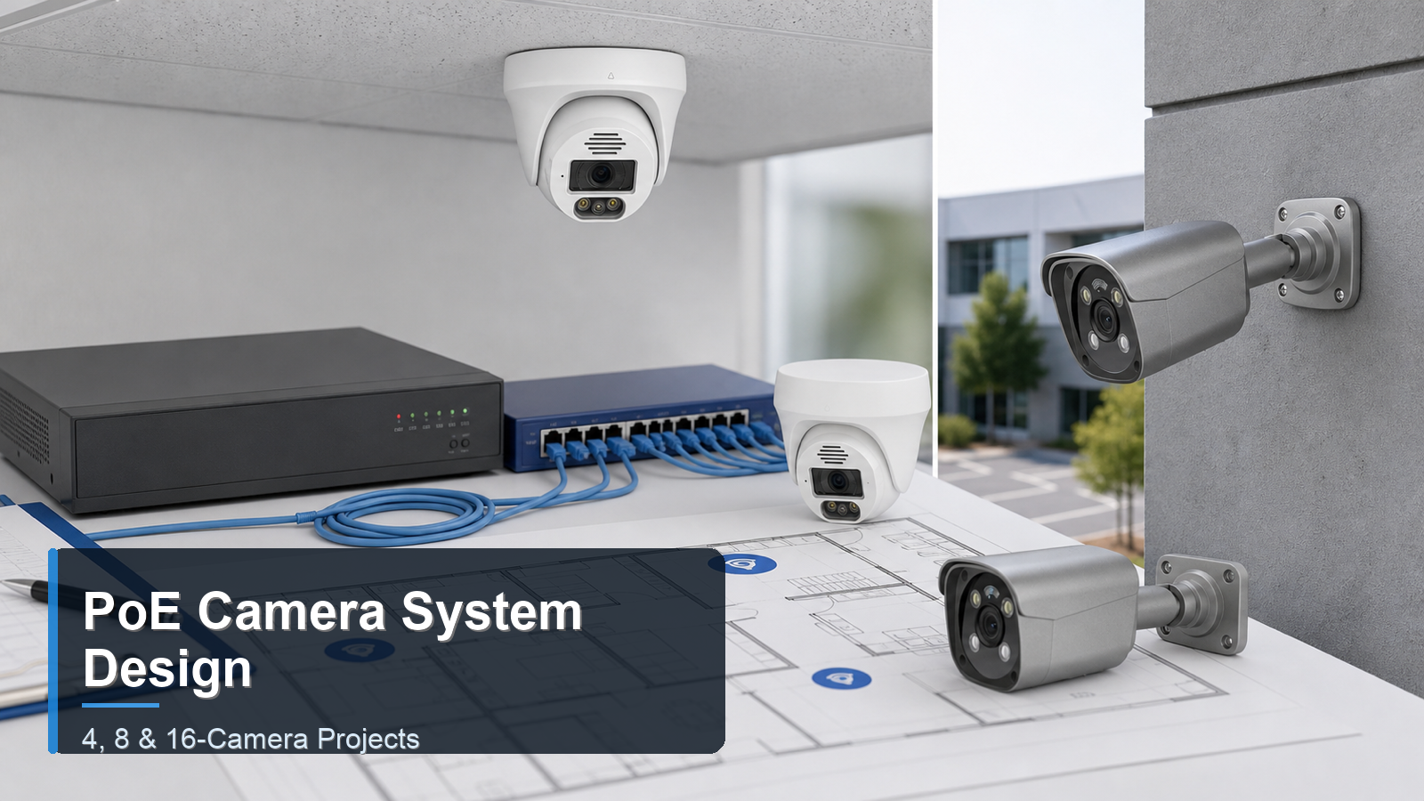 QuarkView PoE camera system design with NVR, PoE switch, Ethernet cabling, and security cameras