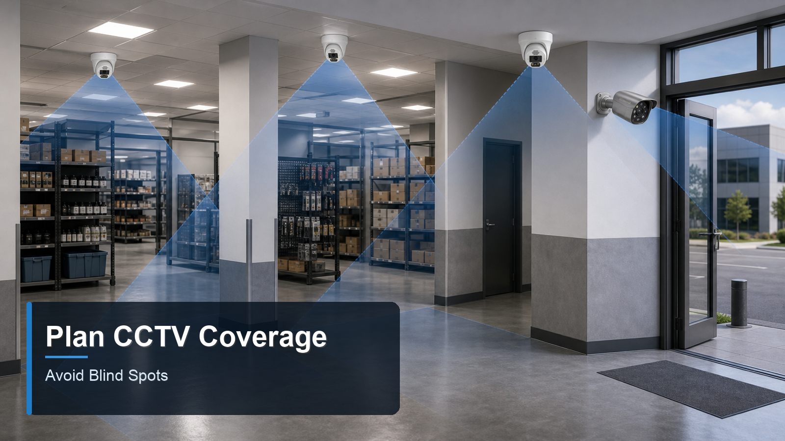 QuarkView CCTV blind spot planning with indoor camera coverage zones