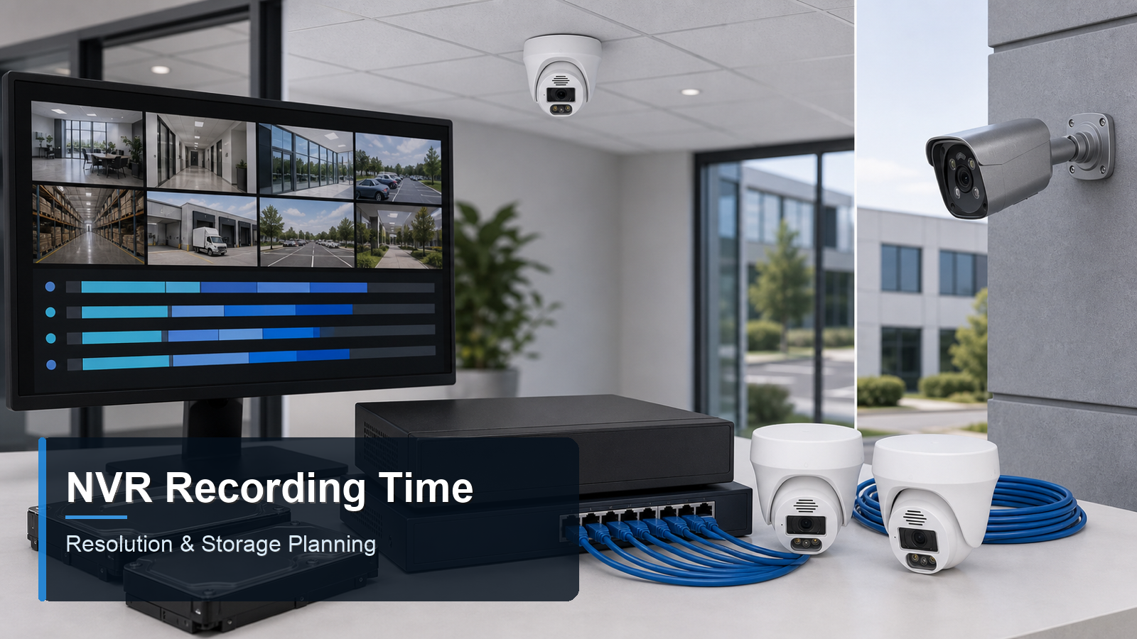 QuarkView NVR recording time storage planning with hard drives and surveillance timeline