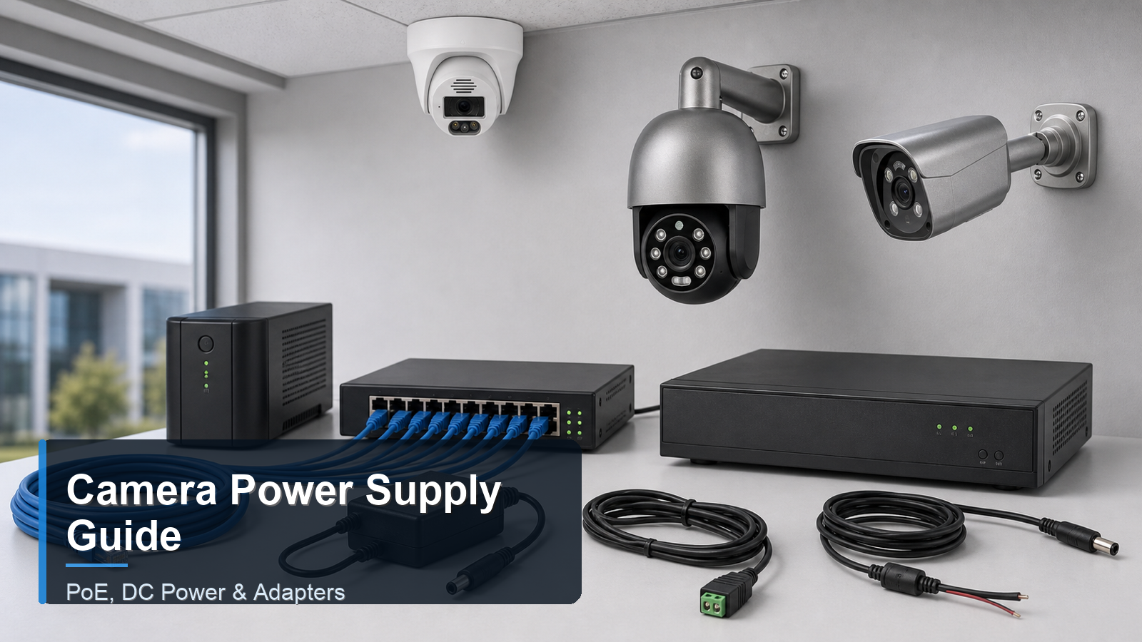 QuarkView security camera power supply guide for PoE DC power and adapters