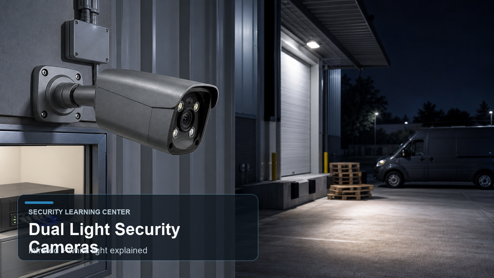 QuarkView dual light security camera using infrared and white light at a loading dock