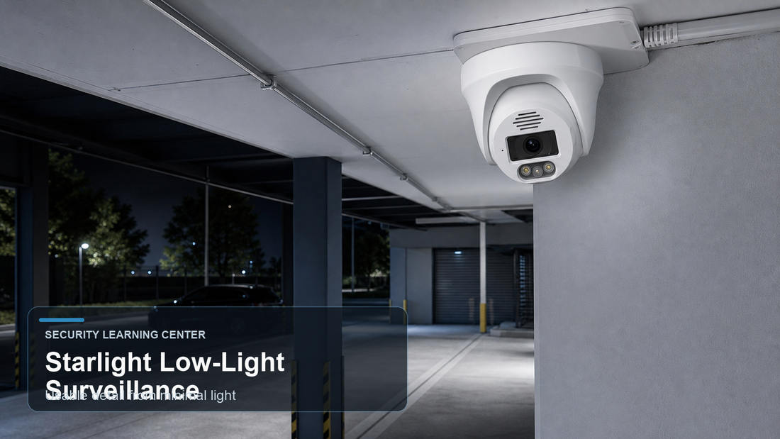 QuarkView starlight security camera monitoring a low-light covered parking area
