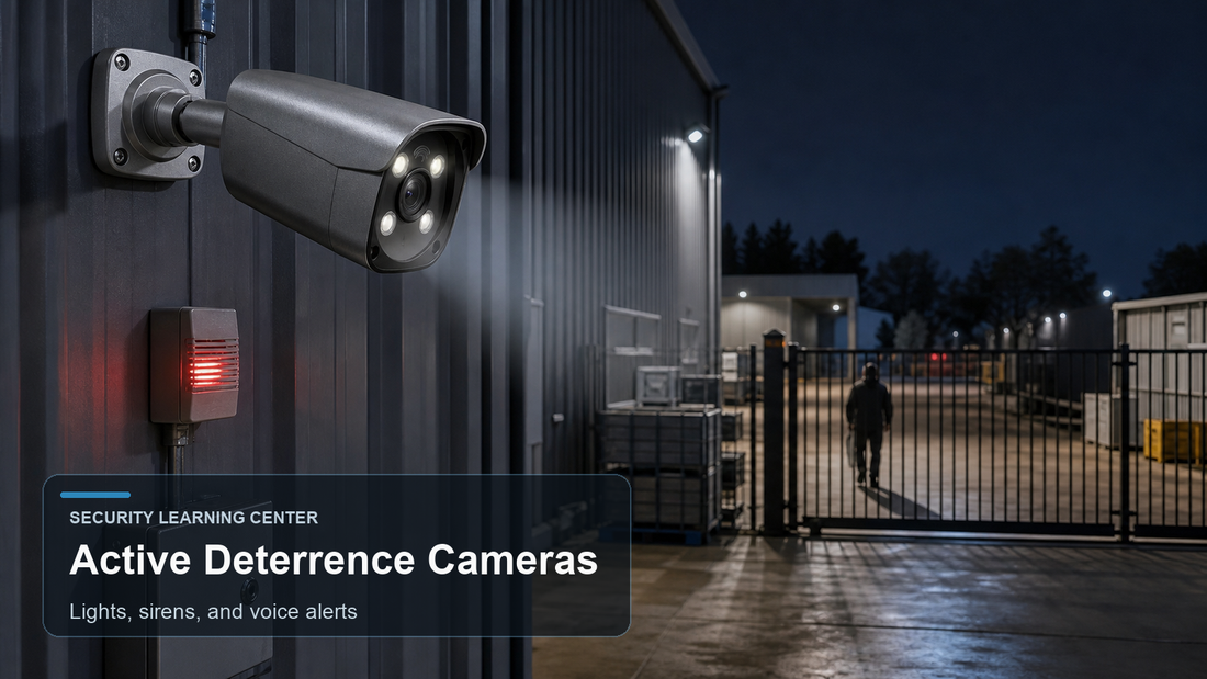 QuarkView active deterrence security camera covering an after-hours commercial gate