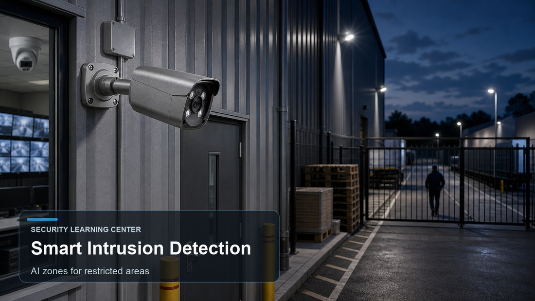 QuarkView smart intrusion detection camera covering a restricted warehouse service lane