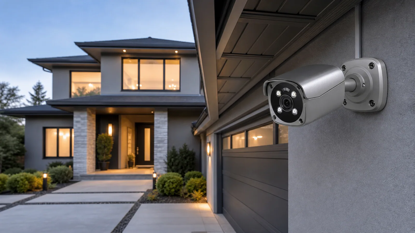 PoE security camera installed beside a home driveway